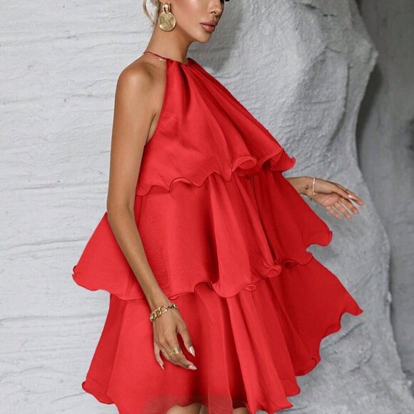 Red Casual Women's ruffled teired haltered mini  Dress - Picture 6 of 6